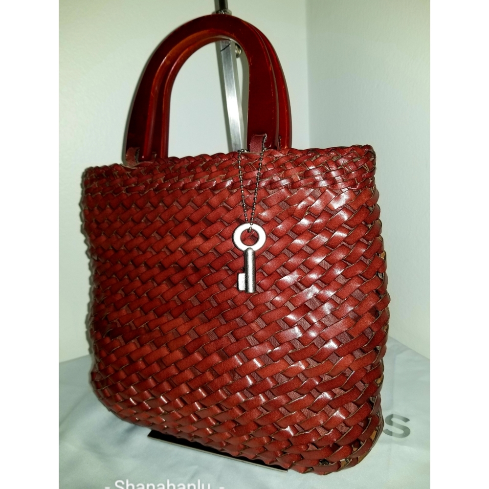 Fossil Leather Woven Handbag Wooden Handles